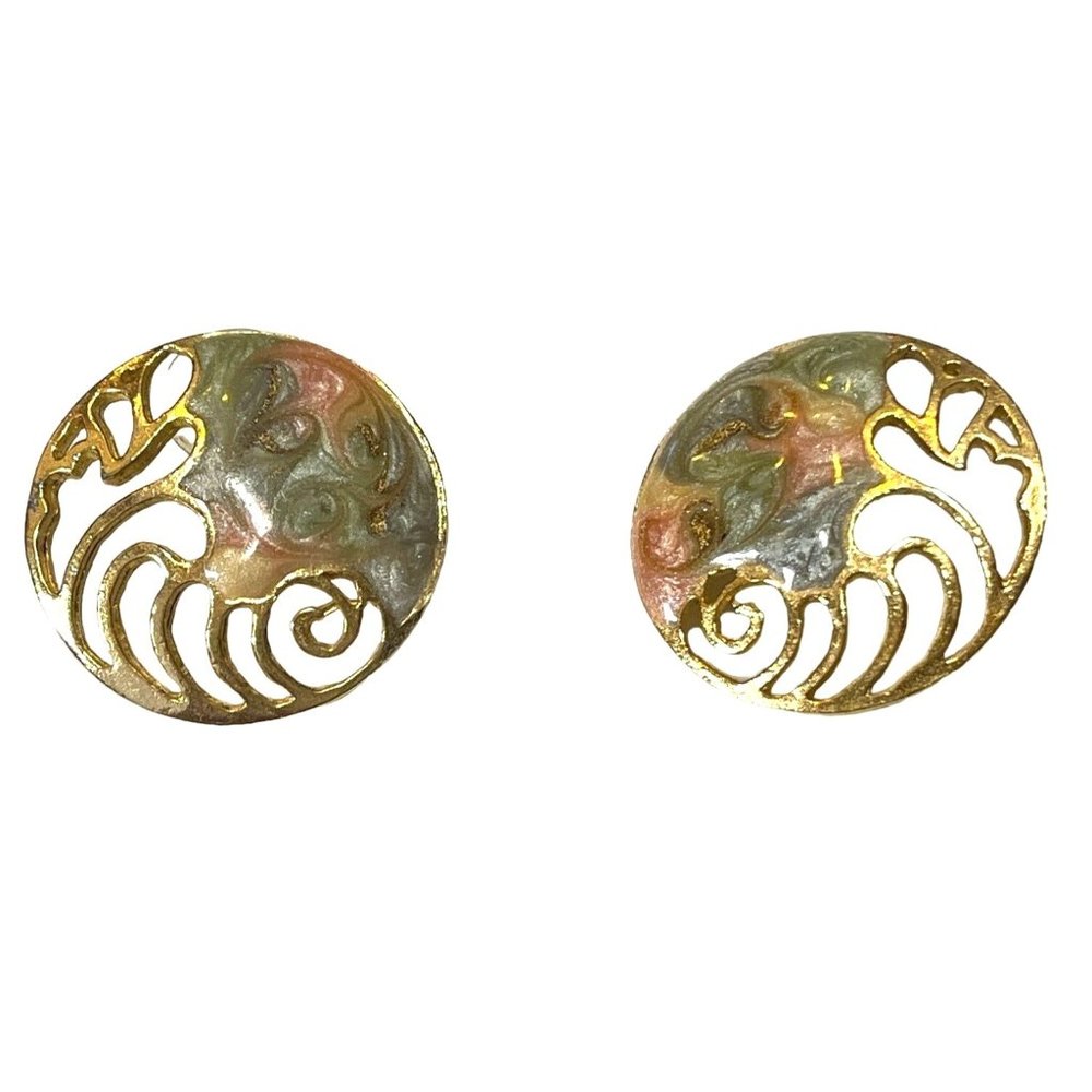 Vintage Gold-tone Enamel Swirl Pattern Post Earrings Round Fancy Gorgeous!